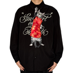 "Novelty necktie featuring a realistic hanging grey cat wearing a traditional red Tang suit with golden dragon and floral embroidery, a unique and festive fashion accessory.