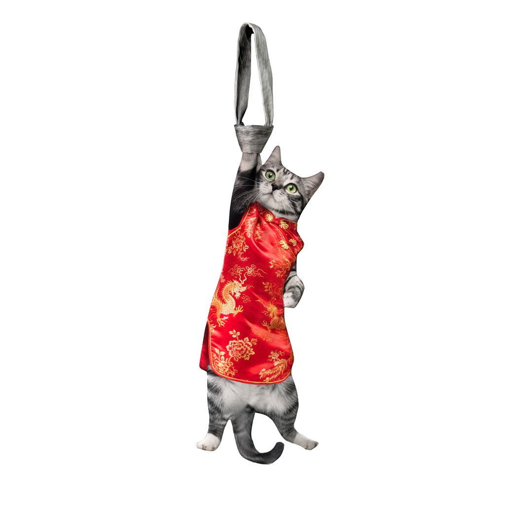 "Novelty necktie featuring a realistic hanging grey cat wearing a traditional red Tang suit with golden dragon and floral embroidery, a unique and festive fashion accessory.