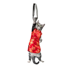 "Novelty necktie featuring a realistic hanging grey cat wearing a traditional red Tang suit with golden dragon and floral embroidery, a unique and festive fashion accessory.