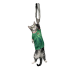 Novelty necktie featuring a realistic hanging grey cat wearing a green jersey with detailed graphic prints, a unique and playful fashion accessory.