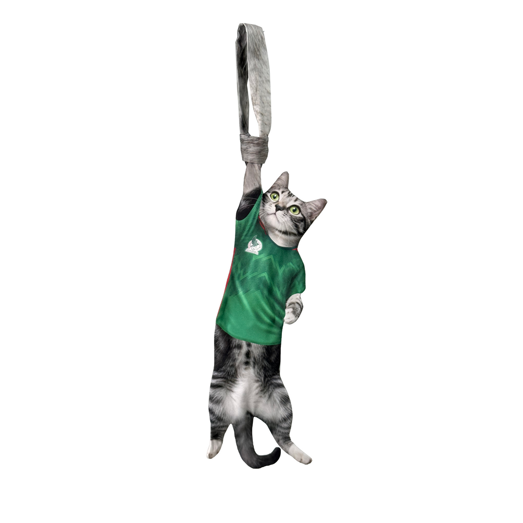 Novelty necktie featuring a realistic hanging grey cat wearing a green soccer jersey, a unique and playful fashion accessory for sports and pet lovers.