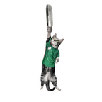 Novelty necktie featuring a realistic hanging grey cat wearing a green soccer jersey, a unique and playful fashion accessory for sports and pet lovers.