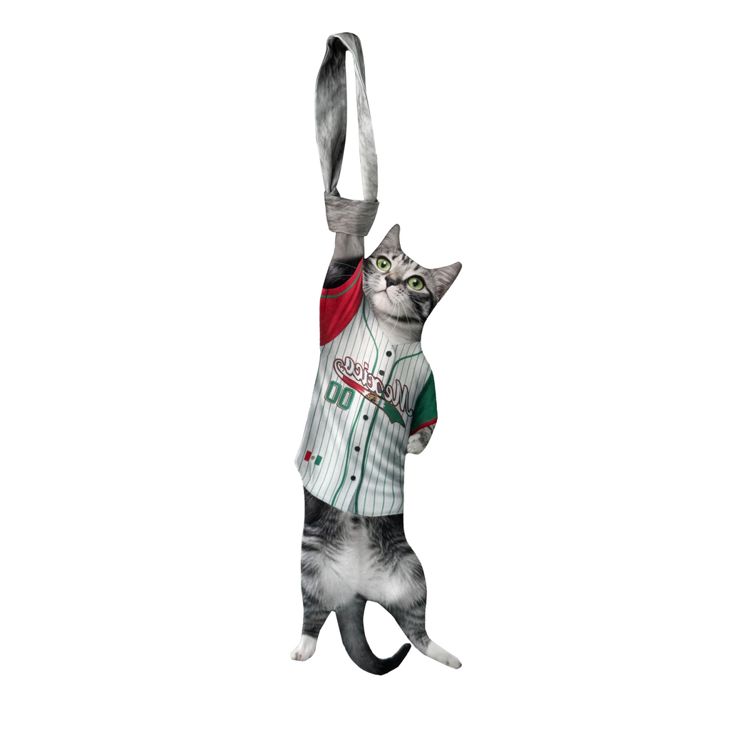 Novelty necktie featuring a realistic hanging grey cat wearing a Mexico baseball jersey, a unique and playful fashion accessory for sports and pet lovers.