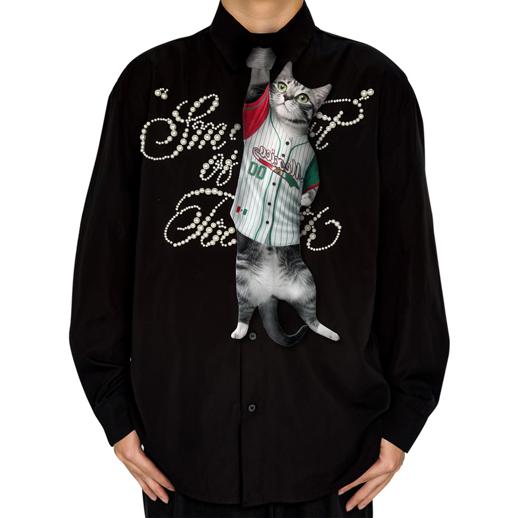 Novelty necktie featuring a realistic hanging grey cat wearing a Mexico baseball jersey, a unique and playful fashion accessory for sports and pet lovers.