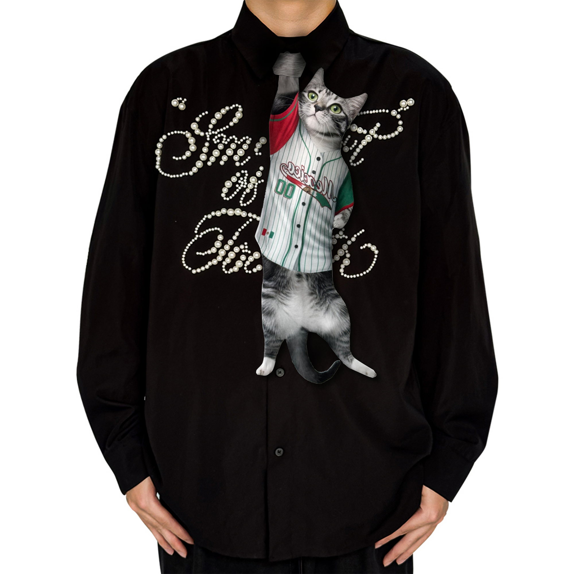 Novelty necktie featuring a realistic hanging grey cat wearing a Mexico baseball jersey, a unique and playful fashion accessory for sports and pet lovers.
