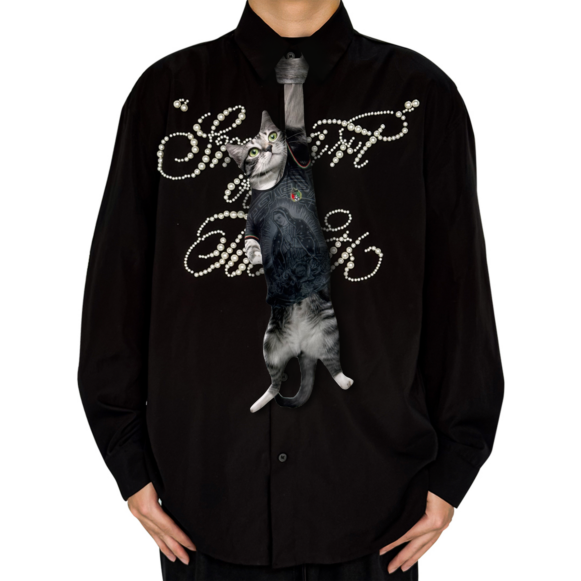 Novelty necktie featuring a realistic hanging grey cat wearing a black jersey with detailed graphic prints, a unique and playful fashion accessory.