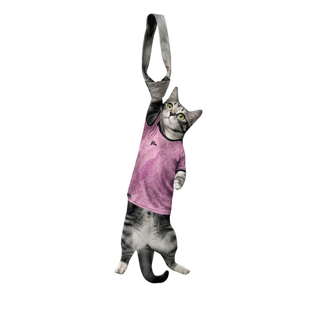 Novelty necktie featuring a realistic hanging grey cat wearing a pink jersey with detailed graphic prints, a unique and playful fashion accessory.