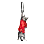 Novelty necktie featuring a realistic hanging grey cat wearing a festive red traditional-style top with gold patterns, a unique and eye-catching fashion accessory.