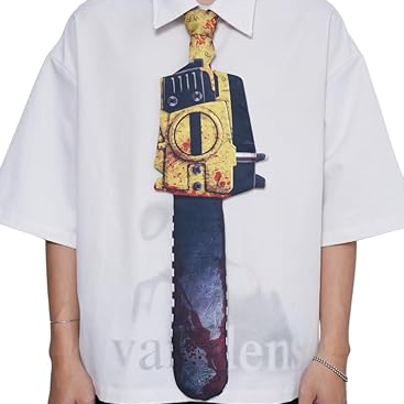 Novelty necktie featuring a unique chainsaw design, a bold and creative fashion accessory.