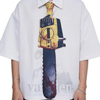 Novelty necktie featuring a unique chainsaw design, a bold and creative fashion accessory.