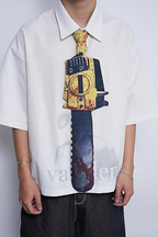 Novelty necktie featuring a unique chainsaw design, a bold and creative fashion accessory.