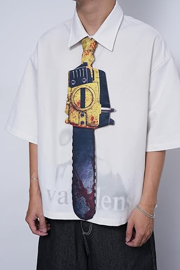 Novelty necktie featuring a unique chainsaw design, a bold and creative fashion accessory.