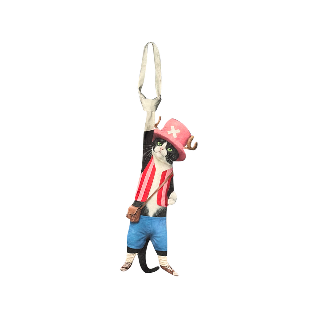 Novelty necktie featuring a creative illustration of a tuxedo cat cosplaying as Tony Tony Chopper from One Piece, wearing his iconic pink hat, striped vest, and blue shorts. A unique and fun fashion accessory for anime fans