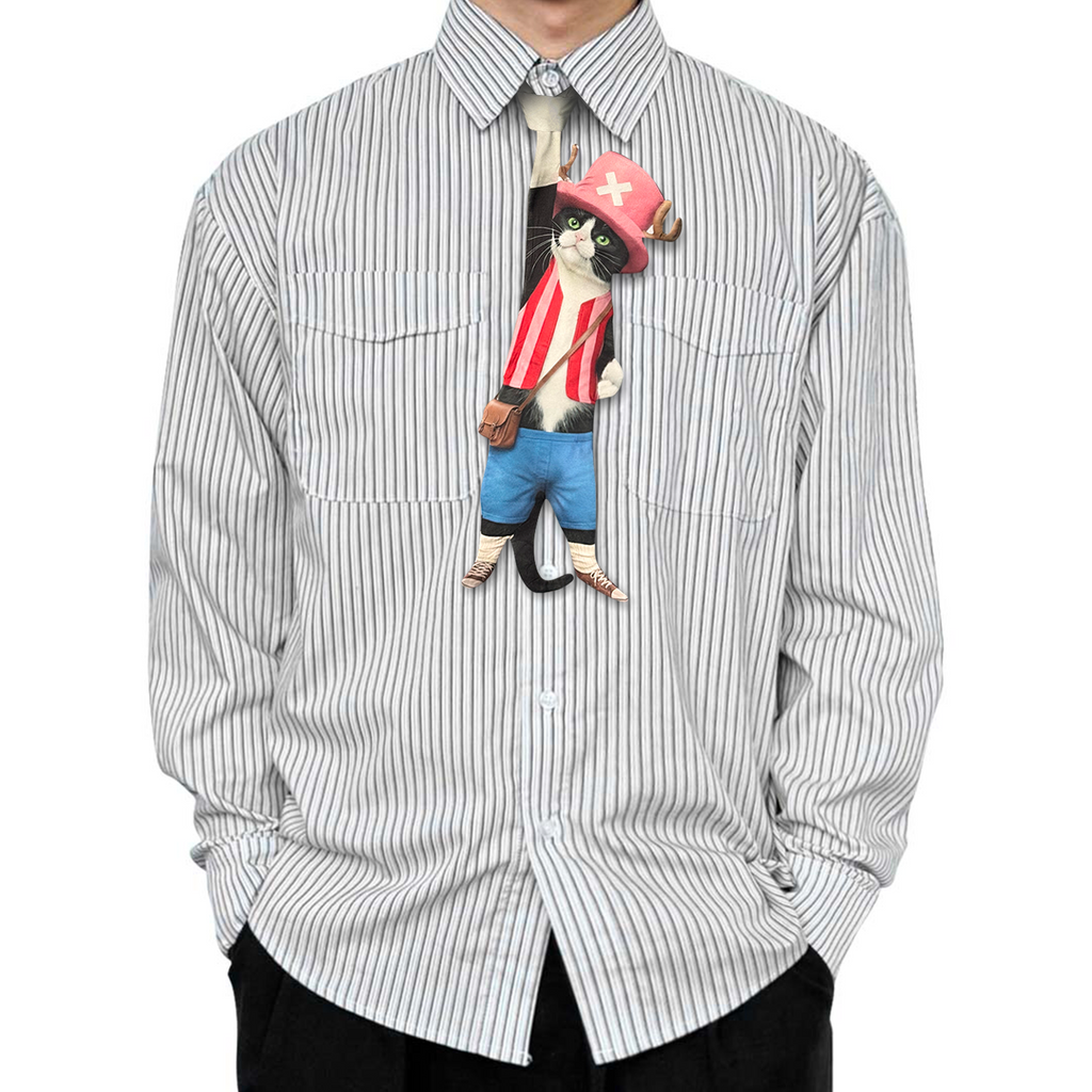 Novelty necktie featuring a creative illustration of a tuxedo cat cosplaying as Tony Tony Chopper from One Piece, wearing his iconic pink hat, striped vest, and blue shorts. A unique and fun fashion accessory for anime fans