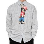 Novelty necktie featuring a creative illustration of a tuxedo cat cosplaying as Tony Tony Chopper from One Piece, wearing his iconic pink hat, striped vest, and blue shorts. A unique and fun fashion accessory for anime fans