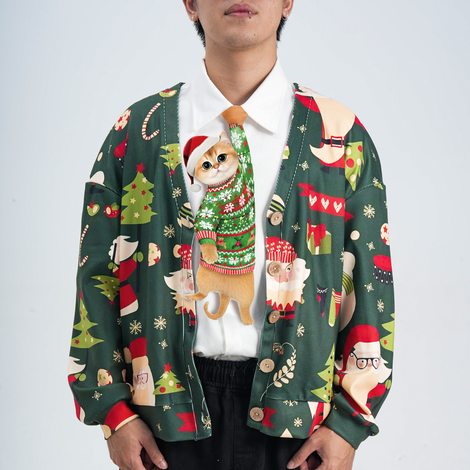 Novelty necktie featuring a cute cat wearing a Christmas sweater and Santa hat, a festive holiday fashion accessory.