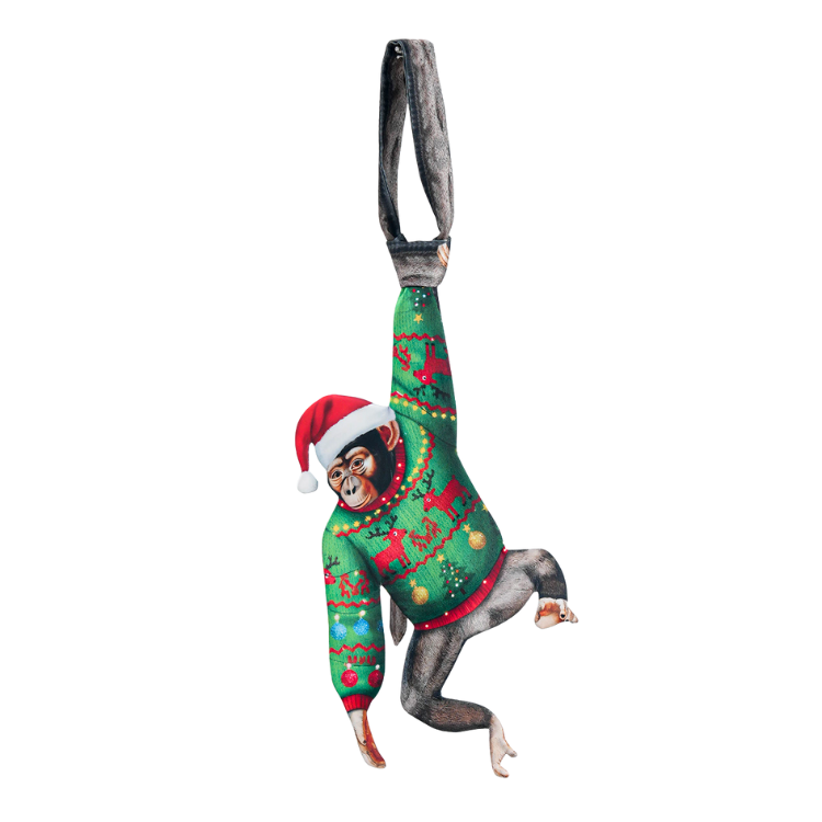 Novelty Christmas tie featuring a chimpanzee wearing a festive Santa hat and holiday sweater, Taffeta silk.