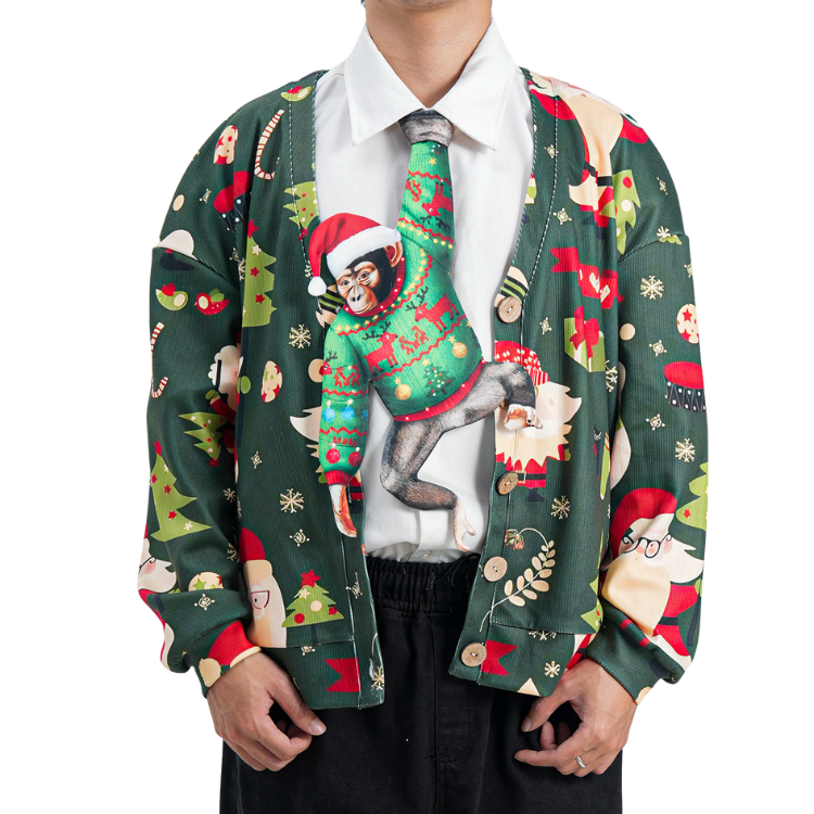 Novelty Christmas tie featuring a chimpanzee wearing a festive Santa hat and holiday sweater, Taffeta silk.
