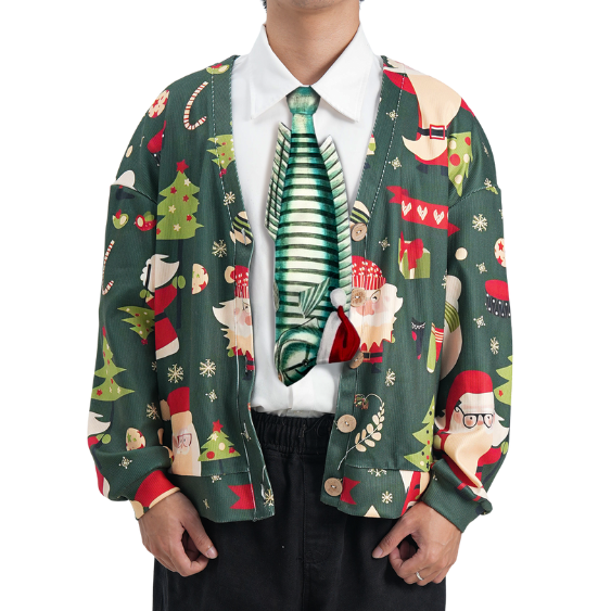 Unique fish-shaped novelty tie with green striped pattern and Santa hat, fun animal-themed festive accessory.