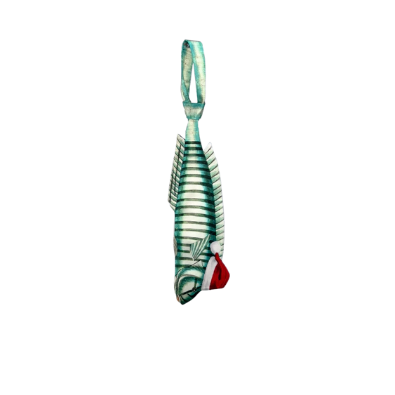 Unique fish-shaped novelty tie with green striped pattern and Santa hat, fun animal-themed festive accessory.