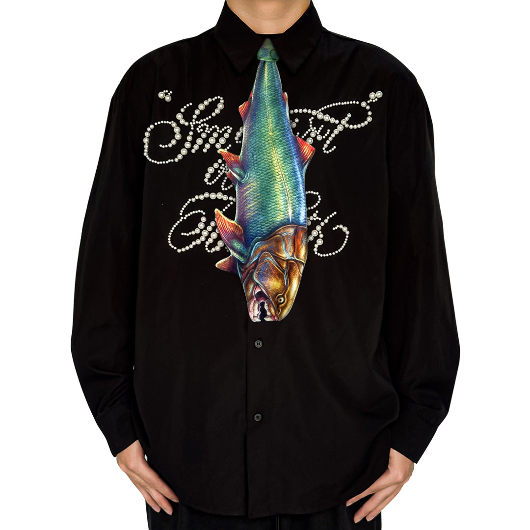 Novelty necktie featuring a realistic, detailed illustration of a predatory fish with intricate scales and vibrant color details, a unique and eye-catching fashion accessory.