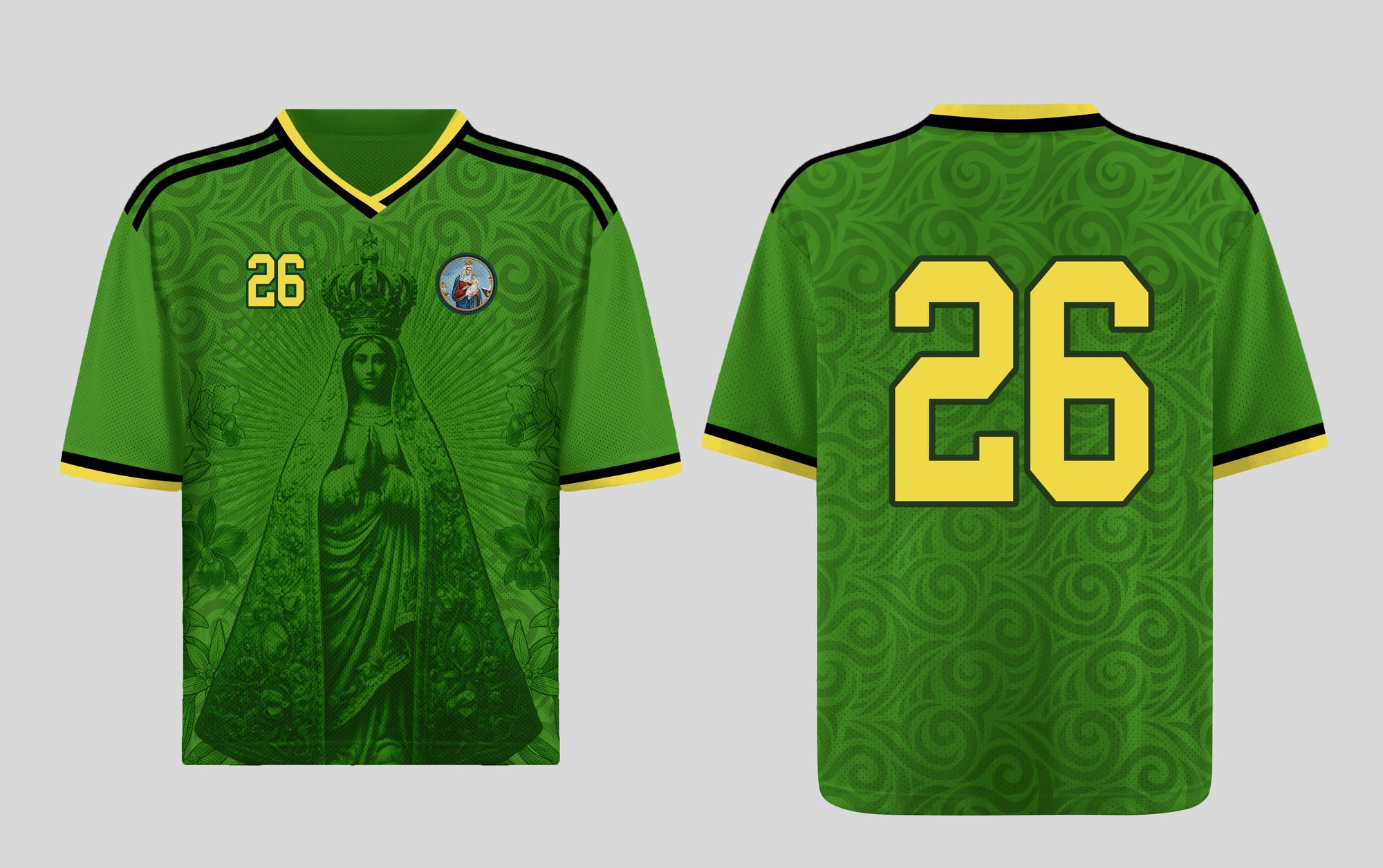 Colombian Our Lady of Chiquinquirá green graphic jersey number 26 by Dripvity, unisex oversized streetwear t-shirt with vibrant Virgin Mary design