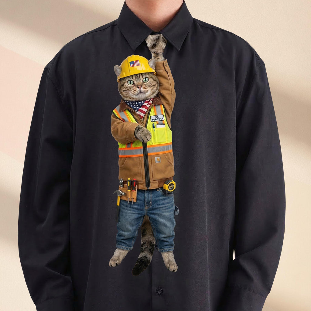 Novelty necktie featuring a tabby cat dressed as a construction worker, wearing a yellow hard hat, a reflective safety vest over a brown jacket, and blue jeans with a tool belt
