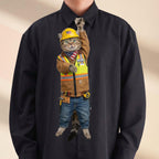 Novelty necktie featuring a tabby cat dressed as a construction worker, wearing a yellow hard hat, a reflective safety vest over a brown jacket, and blue jeans with a tool belt