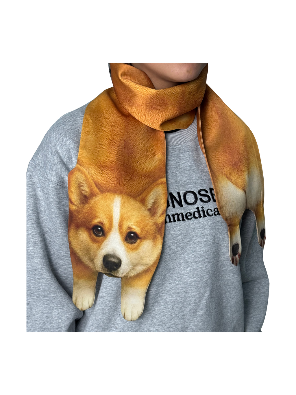 Unique novelty scarf featuring a realistic Corgi dog design, a creative and playful fashion accessory.