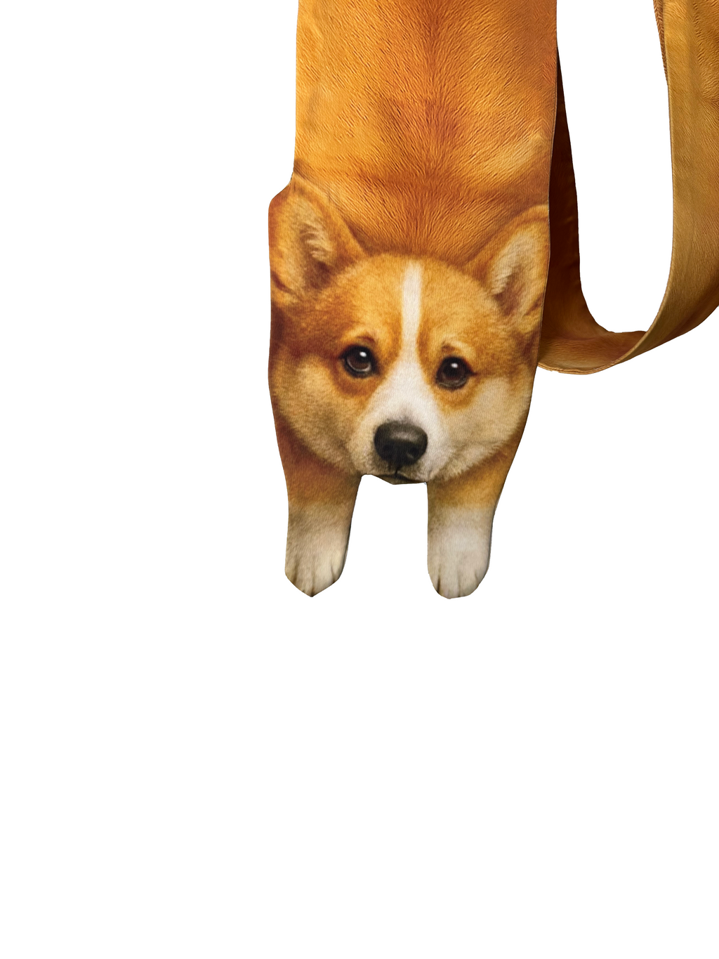 Unique novelty scarf featuring a realistic Corgi dog design, a creative and playful fashion accessory.