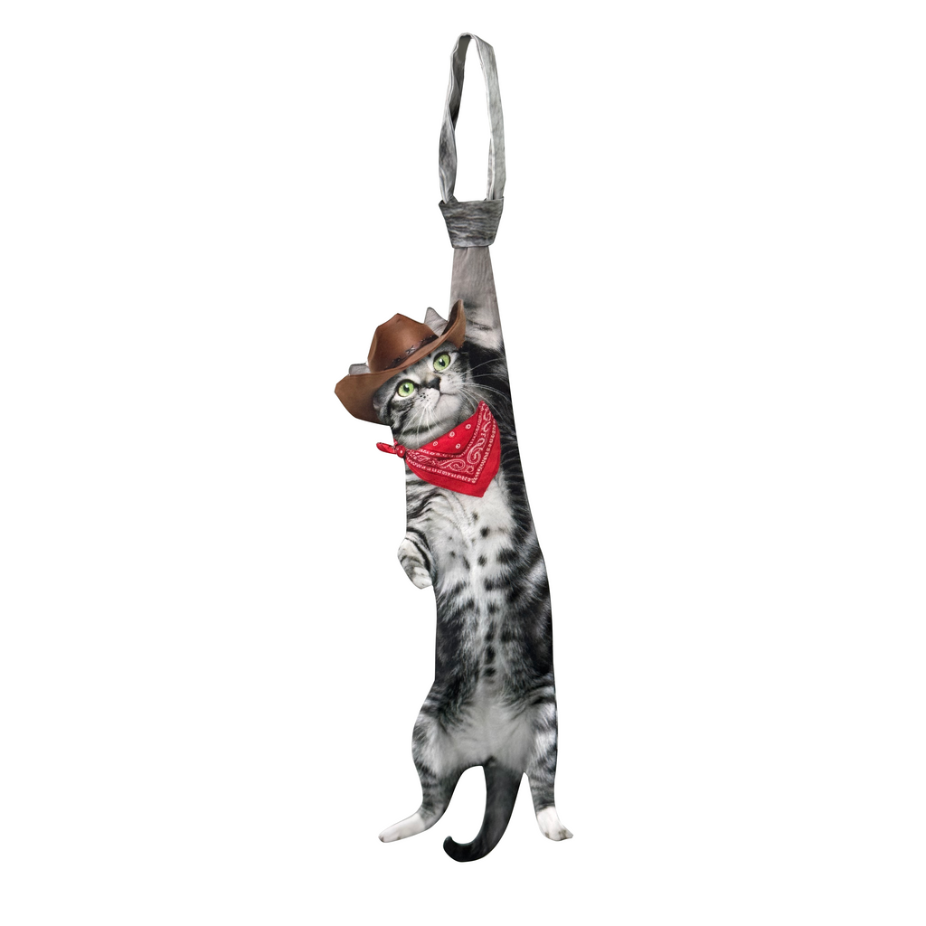 Novelty necktie featuring a creative illustration of a tabby cat dressed as a cowboy, wearing a brown hat and a red bandana, a fun and unique fashion accessory for cat lovers