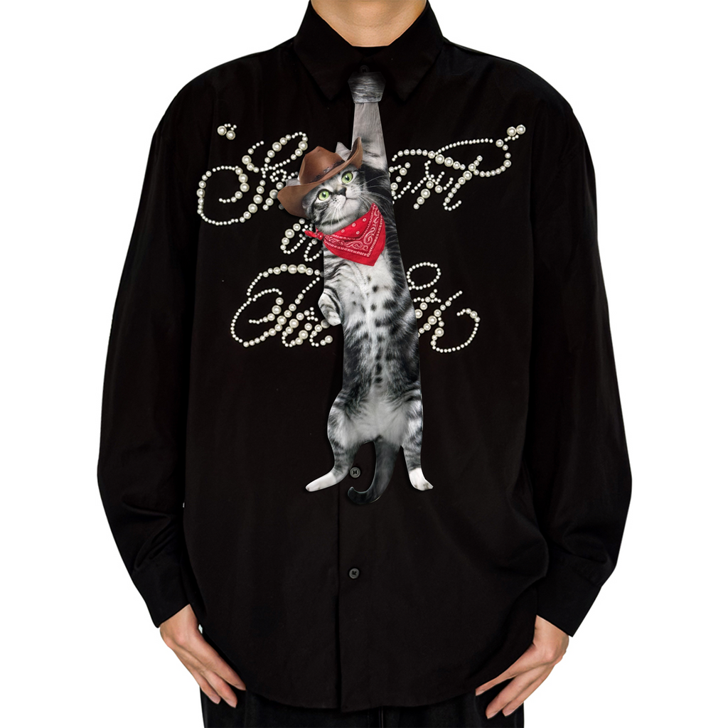 "Novelty necktie featuring a creative illustration of a tabby cat dressed as a cowboy, wearing a brown hat and a red bandana, a fun and unique fashion accessory for cat lovers