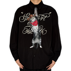 "Novelty necktie featuring a creative illustration of a tabby cat dressed as a cowboy, wearing a brown hat and a red bandana, a fun and unique fashion accessory for cat lovers