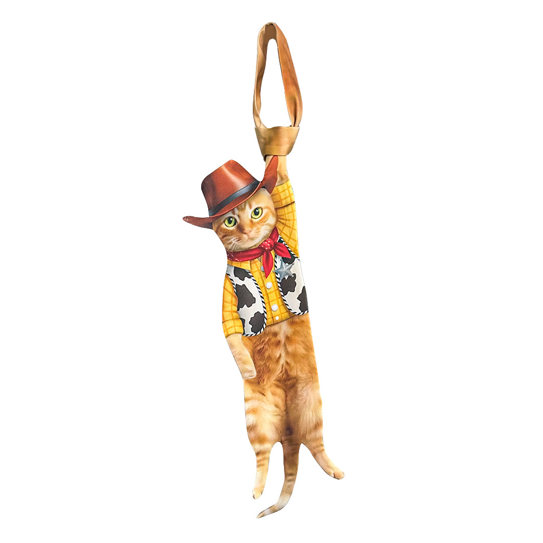 Novelty necktie featuring a realistic hanging orange tabby cat dressed in Western-style cowboy and cowgirl outfits, a playful and unique fashion accessory.