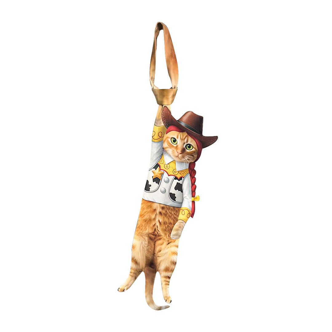 Novelty necktie featuring a realistic hanging orange tabby cat dressed in Western-style cowboy and cowgirl outfits, a playful and unique fashion accessory.