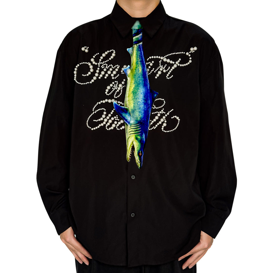 Novelty necktie featuring a realistic, detailed illustration of a hanging shark in shades of blue and green, a bold and unique fashion accessory for marine life enthusiasts