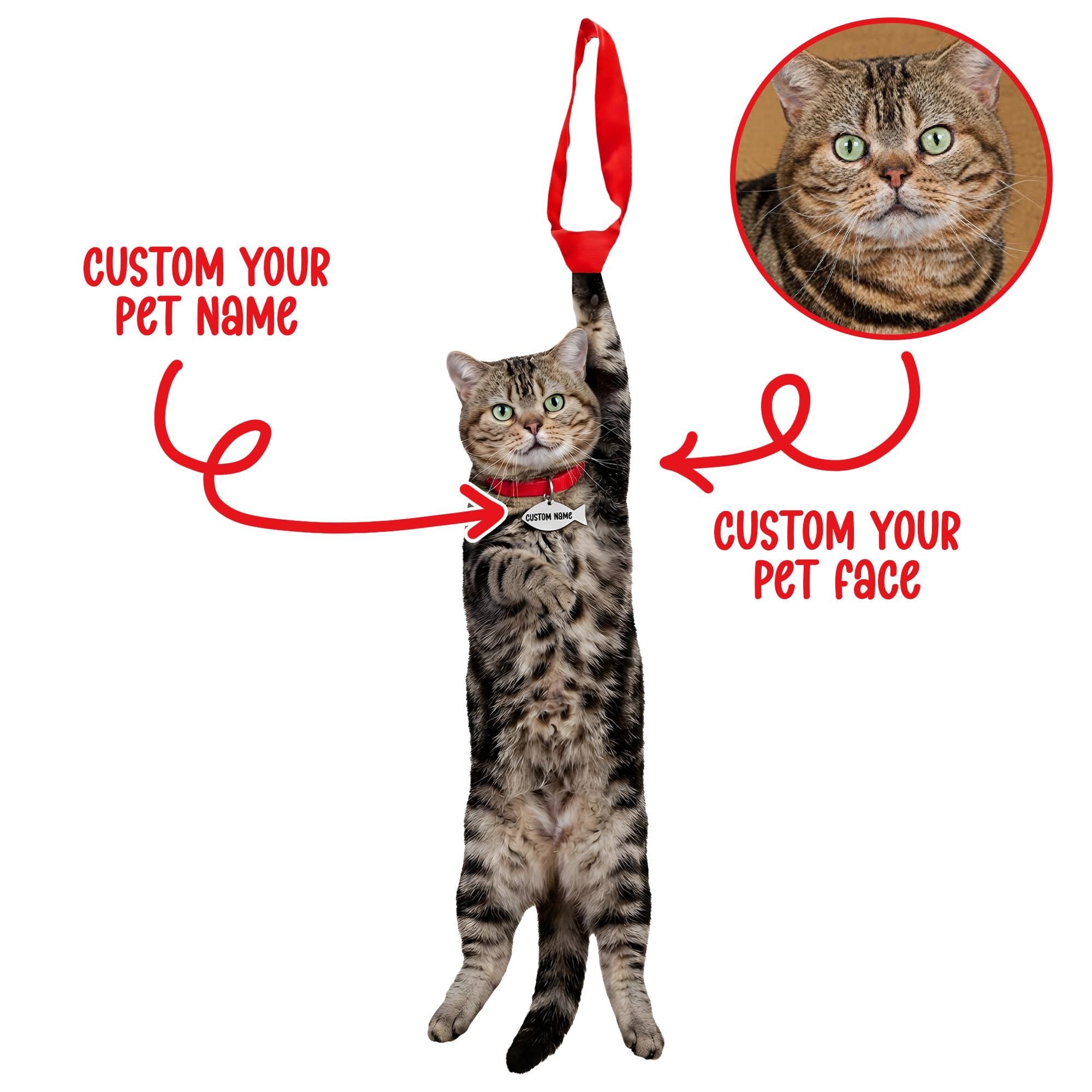 Personalized red novelty necktie featuring a custom cat photo and customizable pet name tag