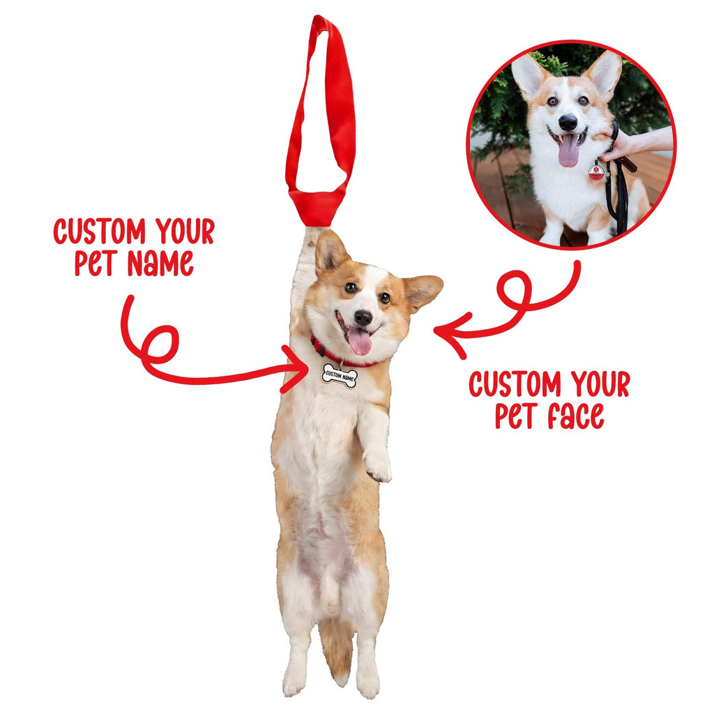 Personalized red novelty necktie featuring a custom dog photo and customizable pet name tag