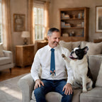Personalized dark blue necktie featuring a custom dog photo and customizable name text