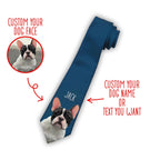 Personalized dark blue necktie featuring a custom dog photo and customizable name text