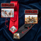 A set of one red and one black necktie, each featuring a custom-printed family photograph at the bottom tip, presented as a personalized gift option