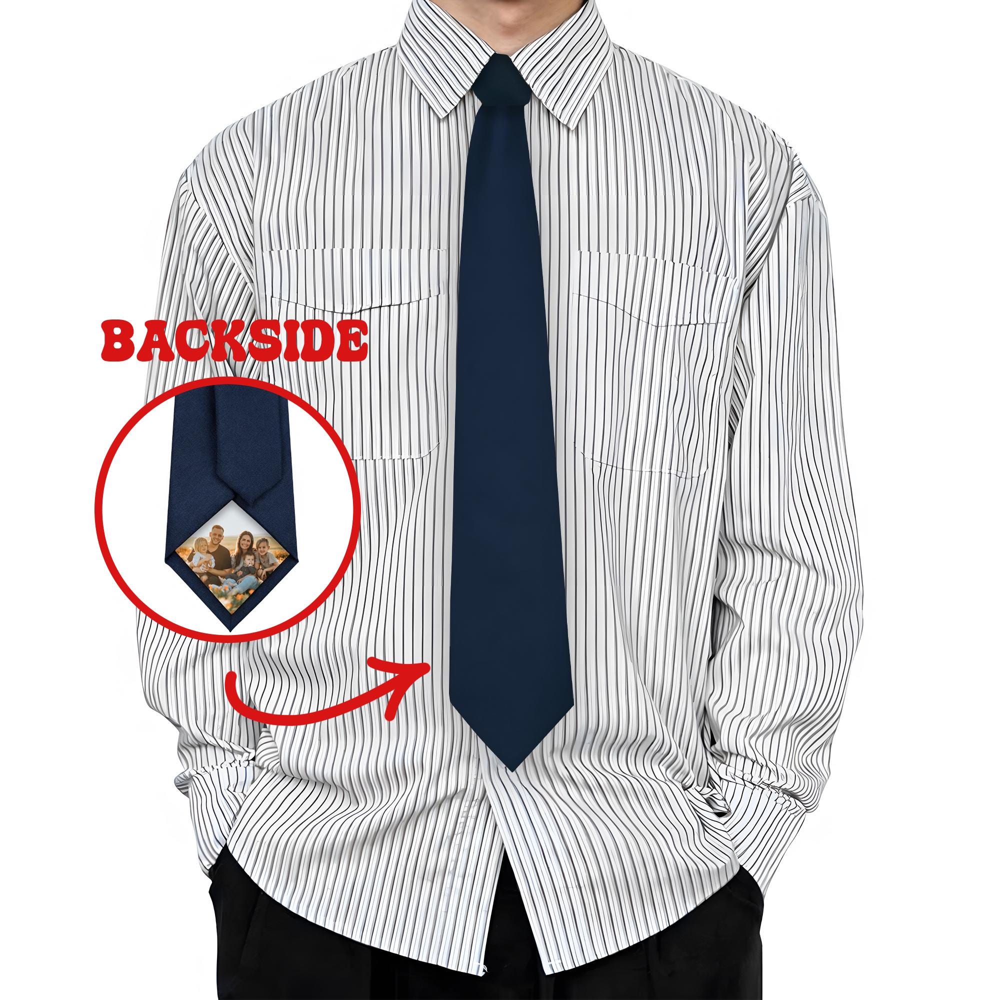 A set of one red and one black necktie, each featuring a custom-printed family photograph at the bottom tip, presented as a personalized gift option.