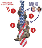 Custom novelty necktie featuring a patriotic American flag design with a collage of a female soldier and children in military-inspired clothing