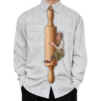 Novelty necktie featuring a graphic print of a person, dressed in an apron, hugging a wooden rolling pin. Text on the rolling pin reads 'Mrs. Smith