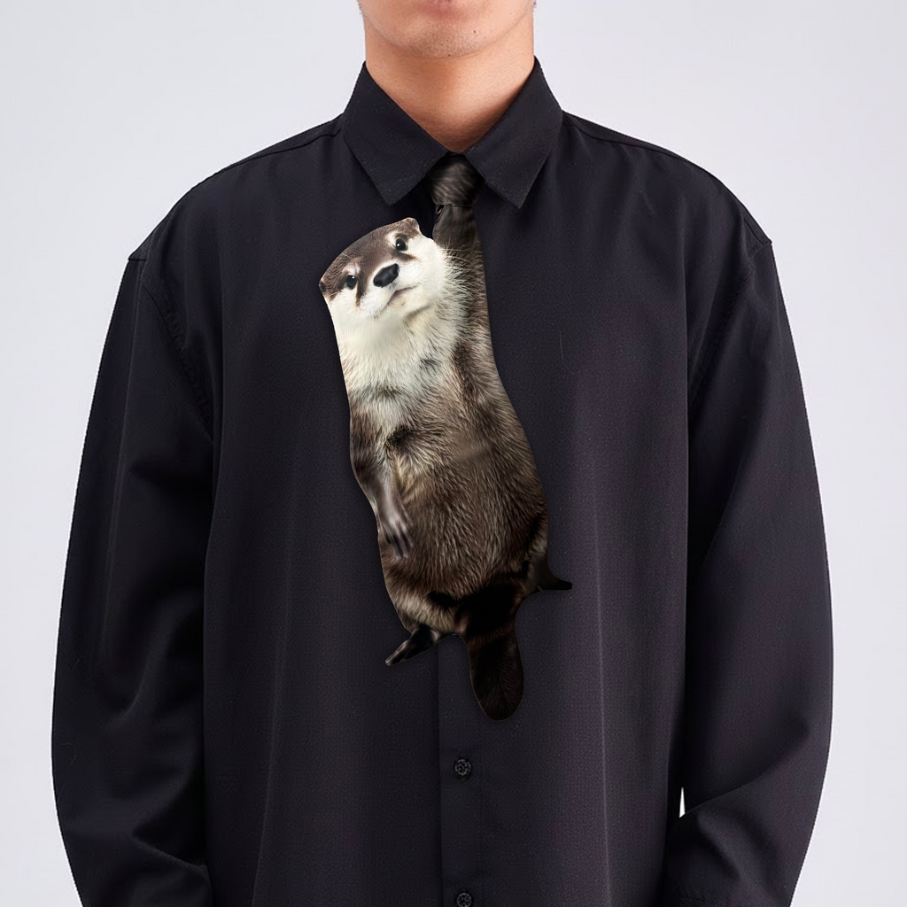Novelty necktie featuring a realistic hanging river otter design, a fun and unique fashion accessory.