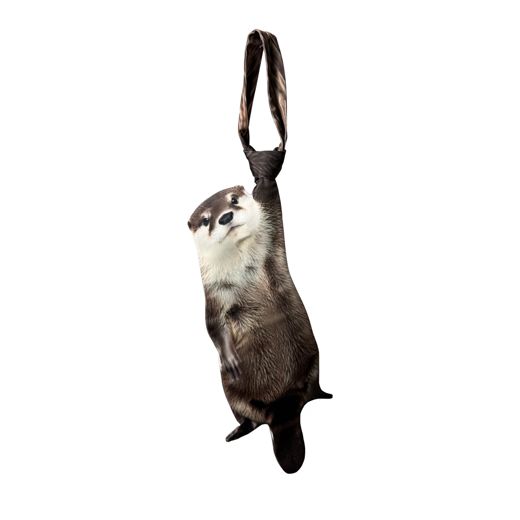 Novelty necktie featuring a realistic hanging river otter design, a fun and unique fashion accessory.