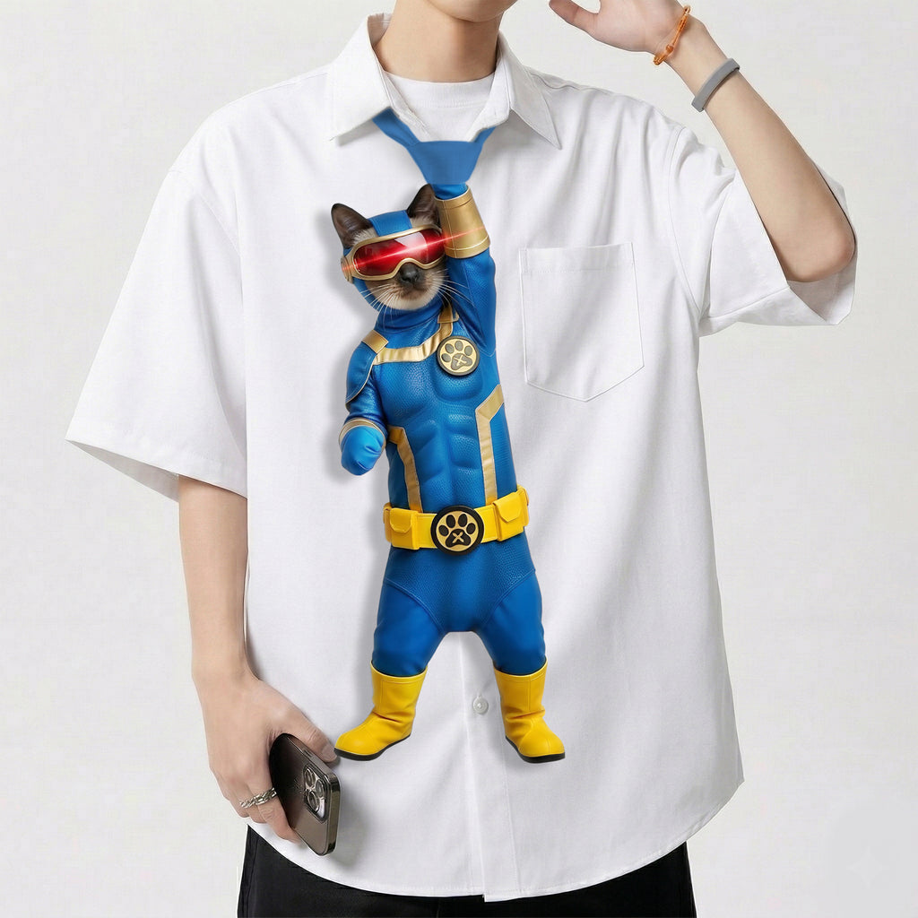 Novelty necktie featuring a Siamese cat dressed in a blue and gold superhero costume with a red visor, inspired by the character Cyclops