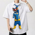 Novelty necktie featuring a Siamese cat dressed in a blue and gold superhero costume with a red visor, inspired by the character Cyclops