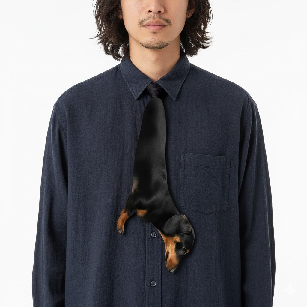 Novelty necktie featuring a realistic black and tan Dachshund dog design, a playful and unique fashion accessory.