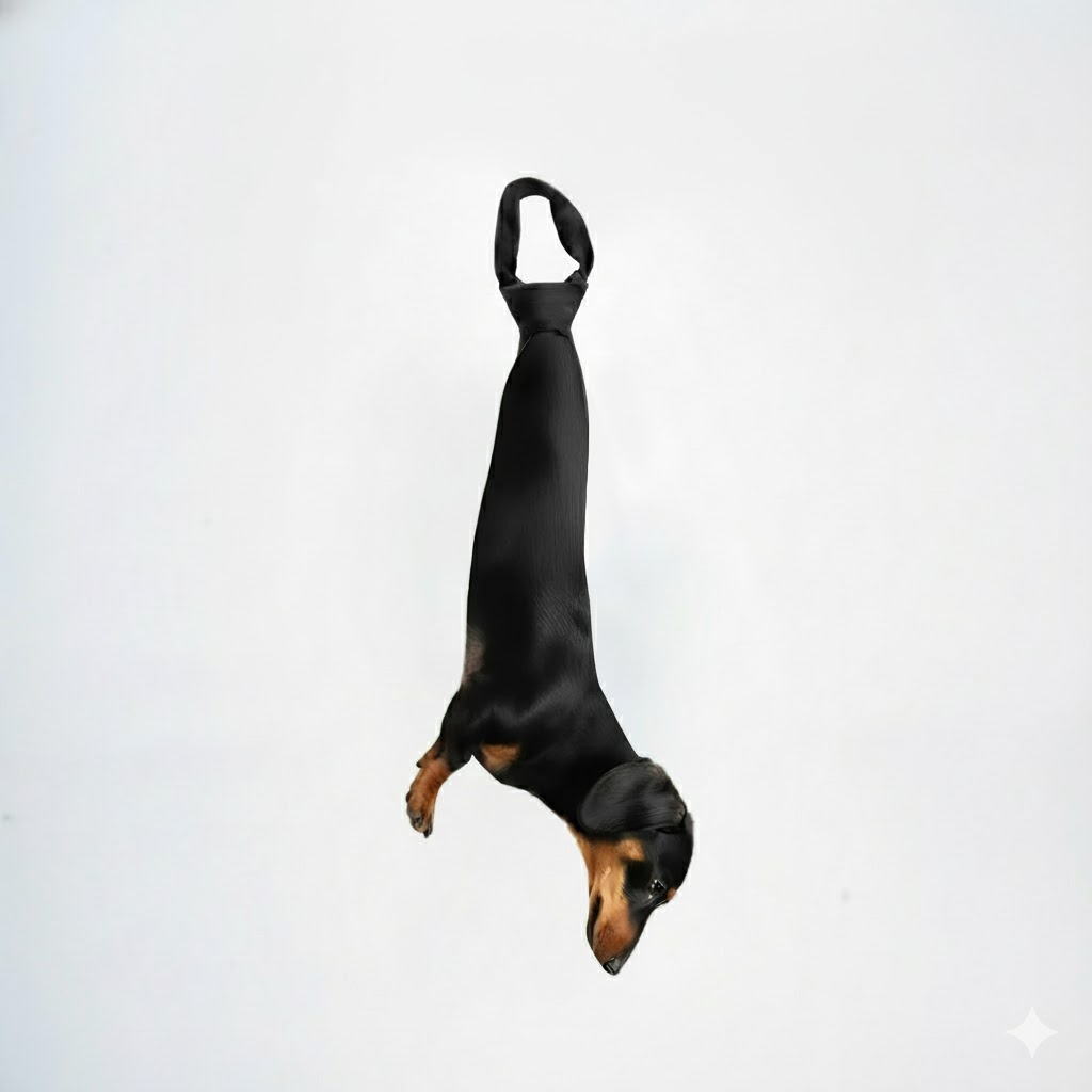 Novelty necktie featuring a realistic black and tan Dachshund dog design, a playful and unique fashion accessory.